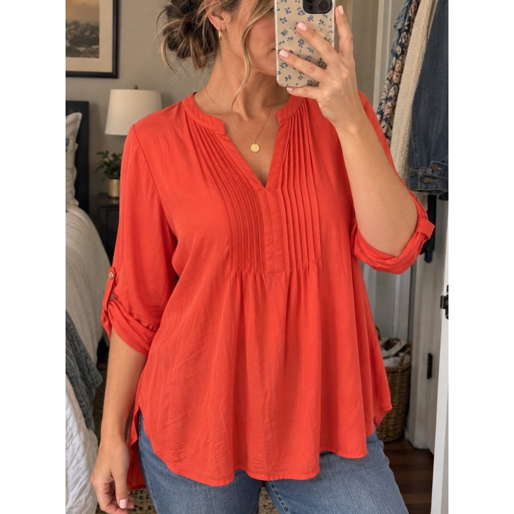 Susan Graver Tunic Top Size 4 Coral Pintuck Roll Tab Sleeve NWT Boho